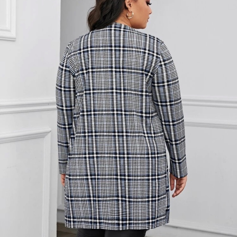 Collarless blazer long lightweight cardigan jacket coat plaid black white - Picture 2 of 2